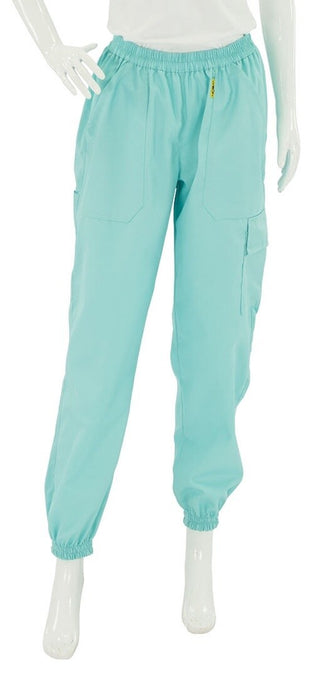 Our Happy Bee Australia model demonstrating the blue beekeeping elastic waist pants with elastic ankles against a white background.