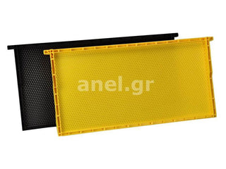 A plastic beehive frame with hexagonal cells, unwaxed, displayed alongside a black background with the 'ANEL' brand logo sold by Happy Bee, Australia.