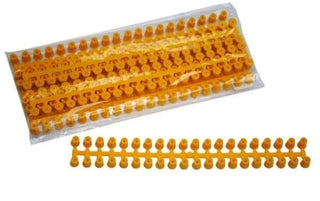 A pack of yellow plastic frame spacers for beekeeping, displayed with some pieces spread out in front. Shipped by Happy Bee, Australia wide.