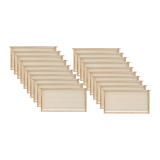 A set of beige-colored beekeeping frames arranged in rows, each frame has a rectangular shape with a bar on the top and bottom.