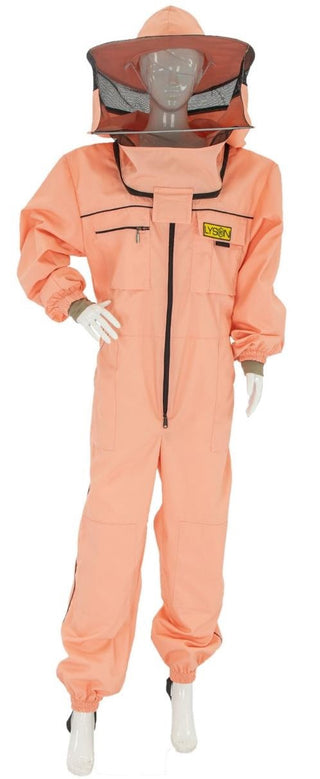 Peach-colored beekeeping suit with a hood on a white background