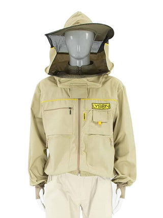 A beige beekeeping jacket and hat is modelled against a white background for Happy Bee - Australian beekeeping supplies, gear and equipment.