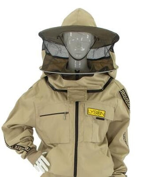 Beige beekeeping jacket with a hat and black safety sleeve trim, displayed on a mannequin.