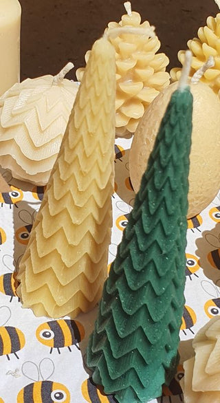 Two fairytale christmas tree shaped candles. Handmade in Australia. Buy your Christmas tree mould. 