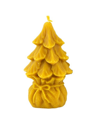 Beeswax Christmas tree candle in a hessian bag against a white background. 