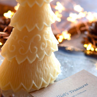 Besswax candle shaped as a Christmas tree available in 20cm size from Australian beekeeping supplier, Happy Bee.