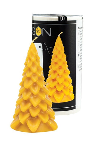 A silicone mould in the shape of a Christmas tree, with yellow candles placed in it, next to the product's canister.