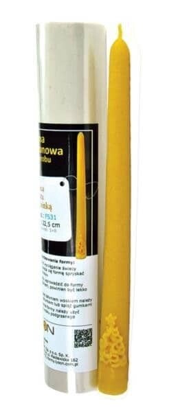 A silicone mould for making a straight beeswax candle with small Christmas tree at the bottom beside an example product, a beeswax candle stick with Christmas tree base.