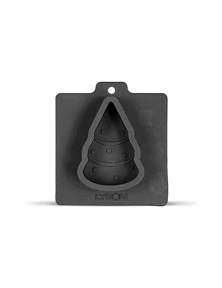 A silicone soap mould in the shape of a Christmas tree, with a black color finish and the brand name 'LYSON' visible on the mould.