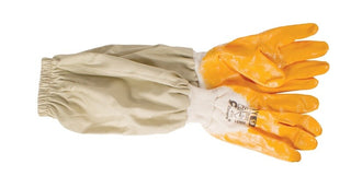 Flat lay of rubber beekeeping gloves against a white background